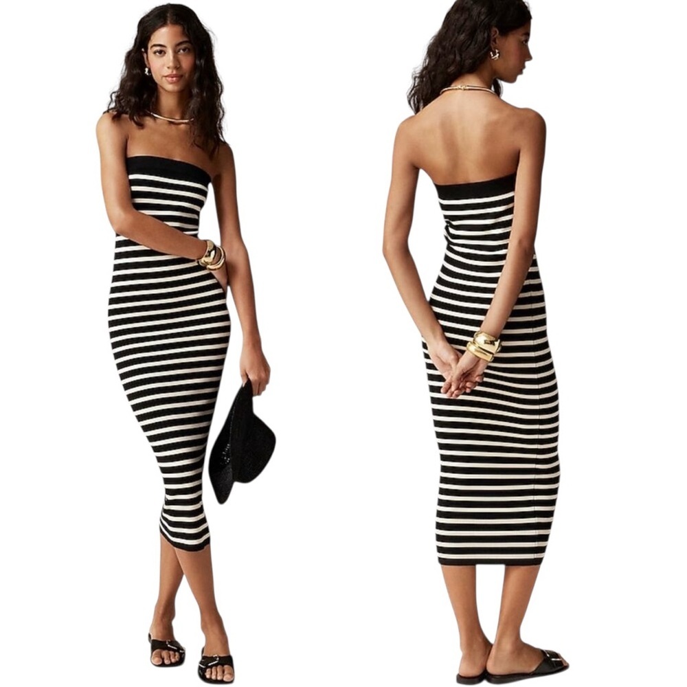 J. Crew Cyan Striped black White Strapless Knit Maxi Tube Dress L Resort Wear
